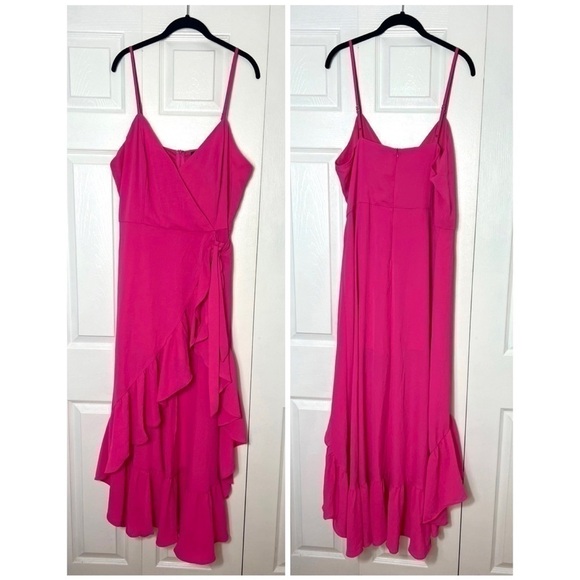 Do + Be Curve Hot Neon Pink High Low Ruffle Hem Faux Wrap Long Dress Size 1X - Picture 8 of 9